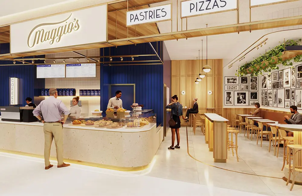 Render of Maggio's F&B concept at Sydney Airport T3 Domestic Terminal.