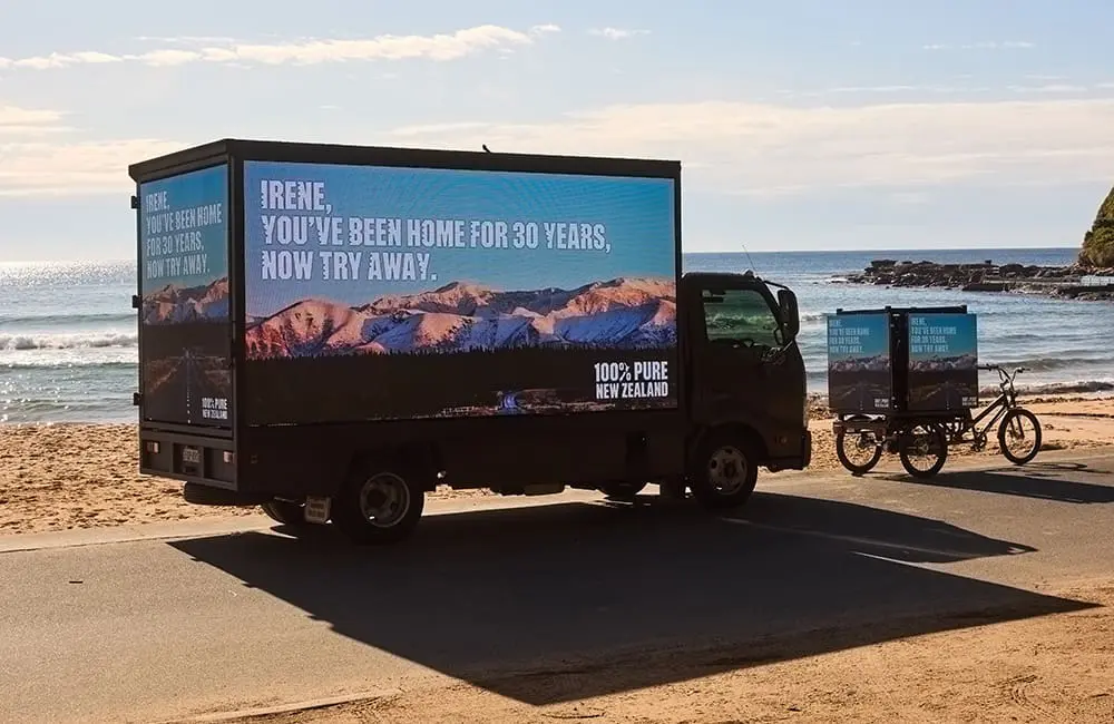 TNZ & Air NZ invite Home and Away’s Irene to swap Summer Bay for New Zealand 2 Tourism New Zealand's mobile billboard truck and trike in Palm Beach, Sydney, the setting for Home and Away.