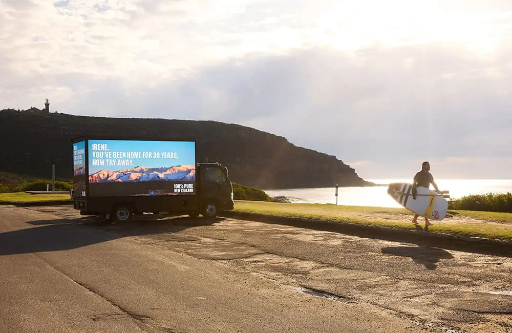 Tourism New Zealand's mobile billboard truck in Palm Beach, Sydney, the setting for Home and Away.