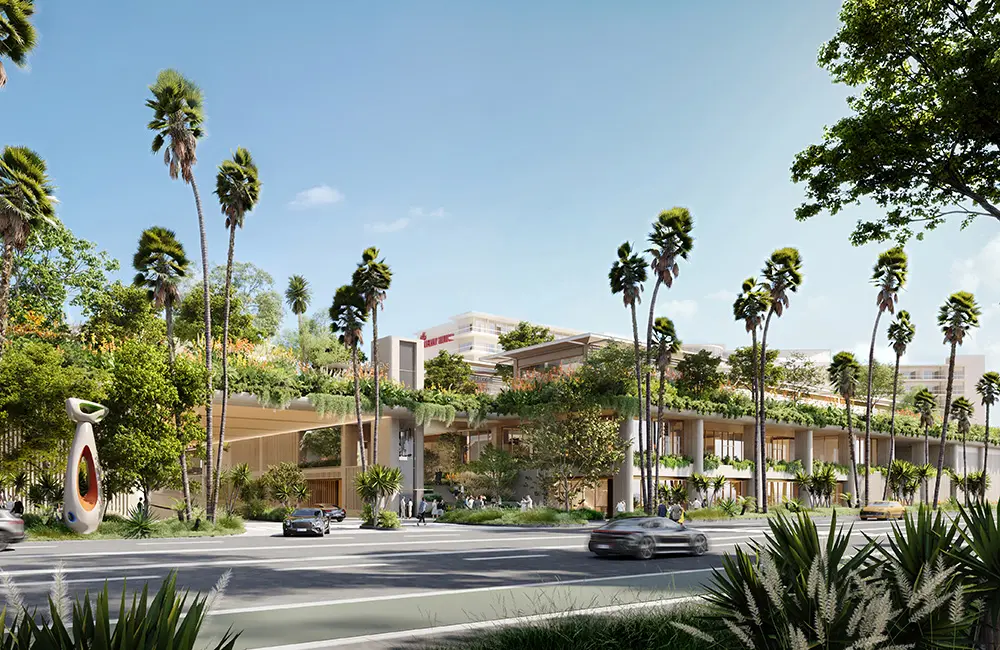 Render of The Beverly Hilton hotel makeover from the street view. Image: One Beverly Hills