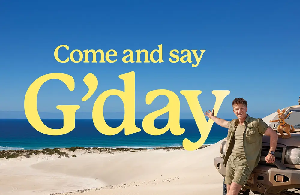 Global spotlight on NT: Darwin to welcome G’Day Australia 2026 for first time 2 Hero image for Tourism Australia's 'Come and say G'day' global campaign with Robert Irwin and Ruby the Souvenir Kangaroo in South Australia.