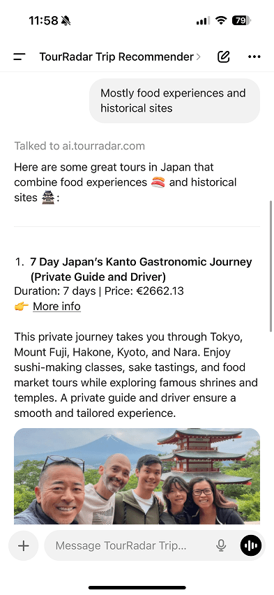 From chat to checkout: TourRadar’s new AI tools integrate with ChatGPT & Instagram for seamless bookings 1 TourRadar AI Discovery example on ChatGPT.