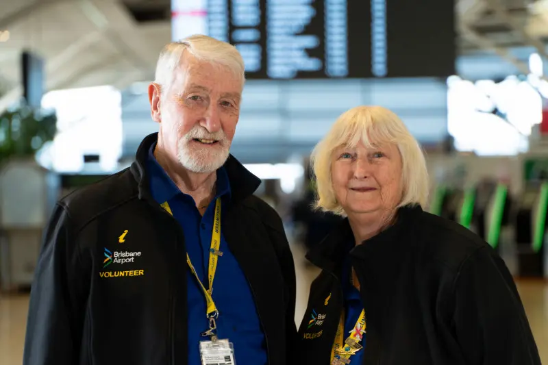 Milestone moment: Brisbane Airport International Terminal celebrates 30 years today 4 Brisbane Airport Ambassadors Jeff Lurie (left) and Allyce Mattock.