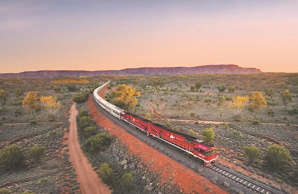 The Ghan winding through the Red Centre – part of the exclusive famil prize for agents.