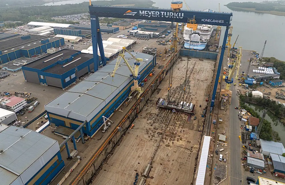 Aerial view of the Meyer Turku shipyard in Finland, where Royal Caribbean’s fourth Icon Class ship has officially started construction.