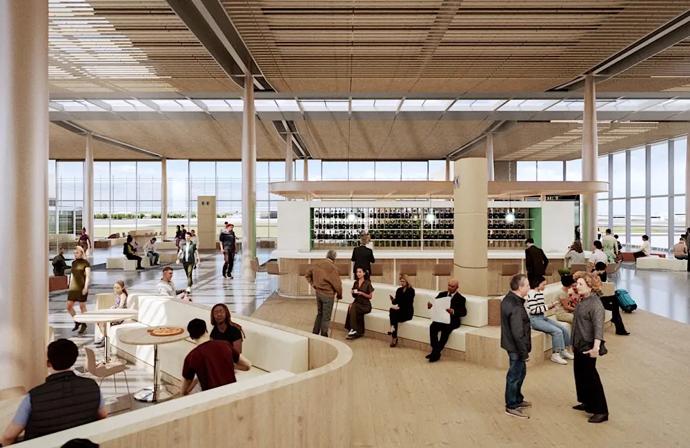 Sydney Airport wants to bring domestic and international in a single precinct: Will it finally make connections easier? 2 Draft design for new terminal lounge and retail areas, part of the 2045 growth plan to handle 72 million passengers annually. Sydney Airport