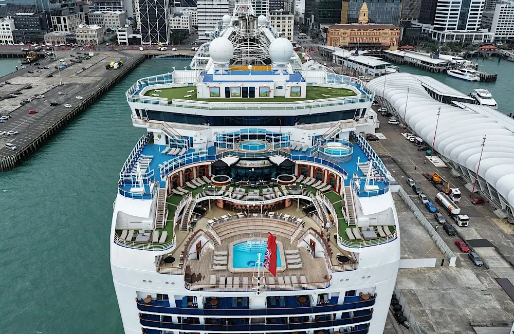 Crown Princess signals official start of New Zealand cruise season 2 Deck view of Crown Princess following her 114-day world voyage, which visited 22 countries before returning to Auckland.