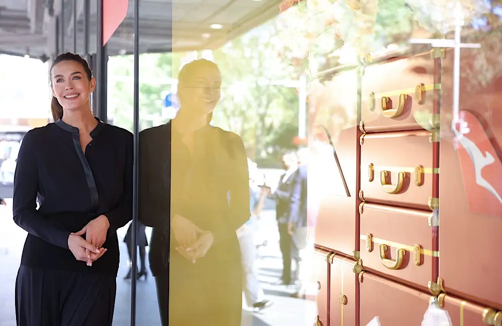 Megan Gale attends the unveiling of the David Jones and Qantas Frequent Flyer loyalty collaboration in Sydney.