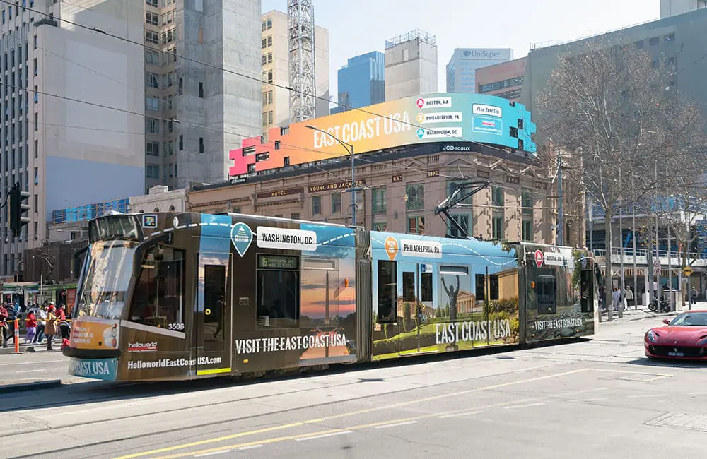 East Coast USA icons unite: DC, Philadelphia & Boston team up with Helloworld to inspire Aussie travel 1 Tram and billboard with East Coast USA advertised in Melbourne CBD.
