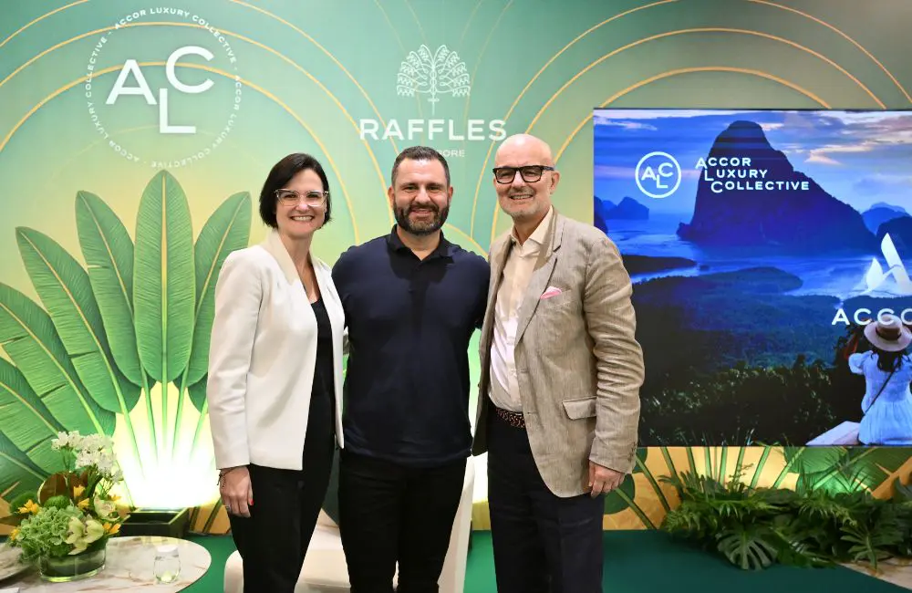 Hotel review: TravelManagers Troy Coelho checks in at the iconic Raffles Singapore 4 (from left) Accor APAC VP Ludivine Zangerle; TravelManagers Operations Manager Troy Coelho and and Accor Global Chief Sales Officer Pascal Visintainer.