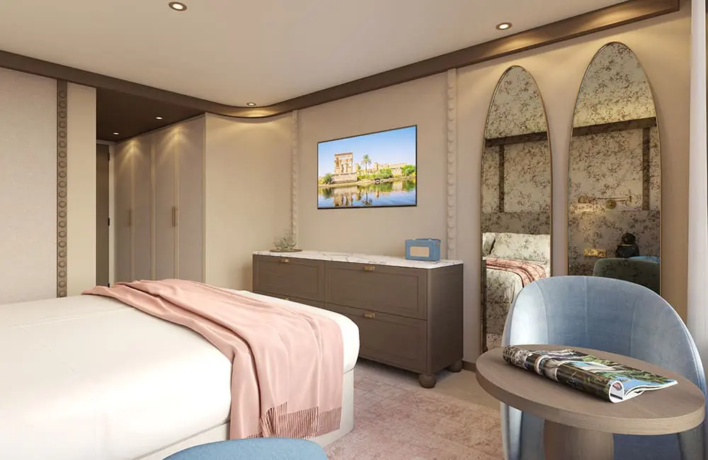 New Nile river ship reveal: Travelmarvel Sirius sets sail in 2026 as brand returns to Egypt 4 Render of cabin on board Travelmarvel Sirius.