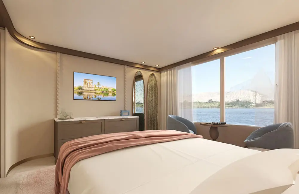 New Nile river ship reveal: Travelmarvel Sirius sets sail in 2026 as brand returns to Egypt 3 Render of cabin on board Travelmarvel Sirius.