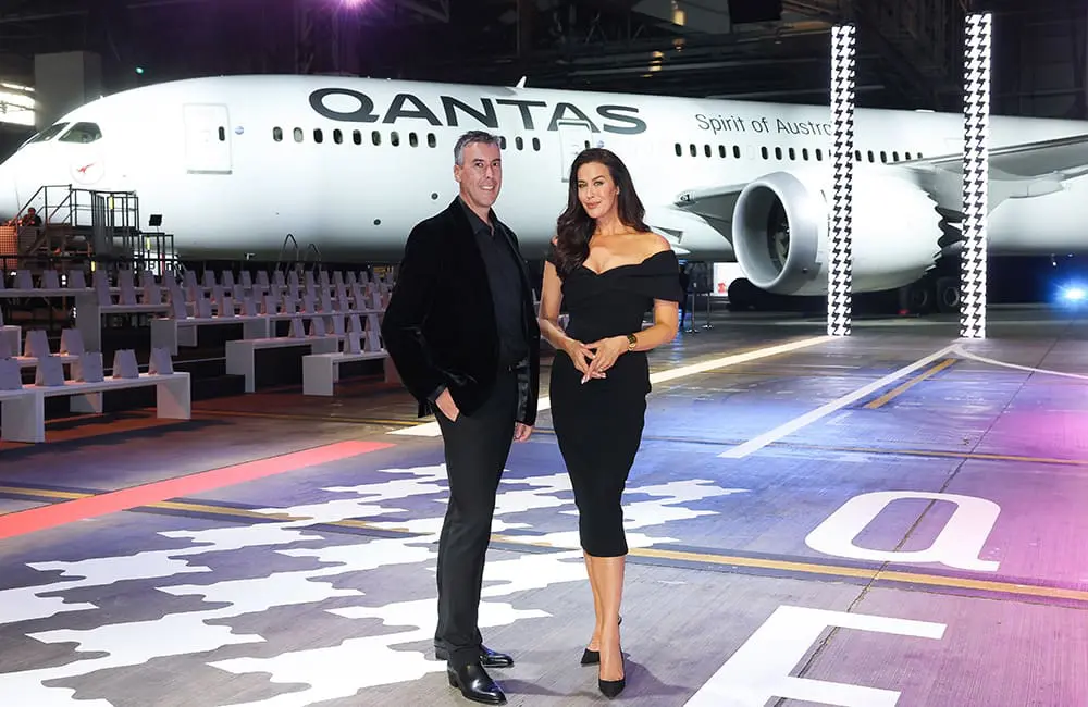 Runway to runway: Qantas & DJs take loyalty relationship to the next level at high-fashion Sydney event 5 David Jones CEO Scott Fyfe and Friend of David Jones Megan Gale at Qantas Hangar 96.
