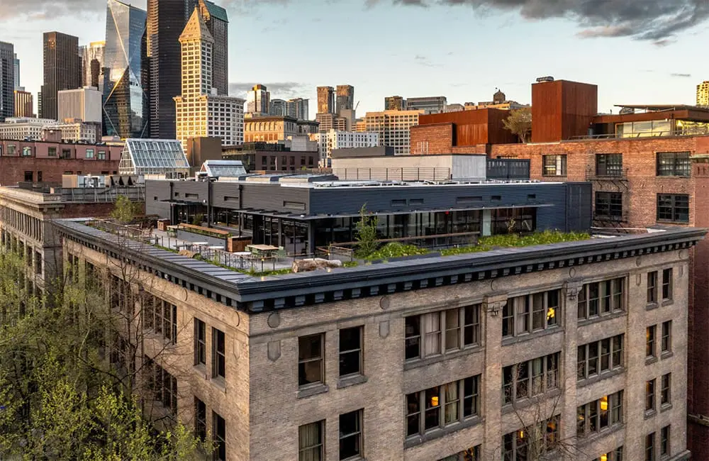 Hotel review: Downtown style meets sustainable lifestyle at Populus Seattle 3 Firn rooftop area aerial. Image: ARTXIV