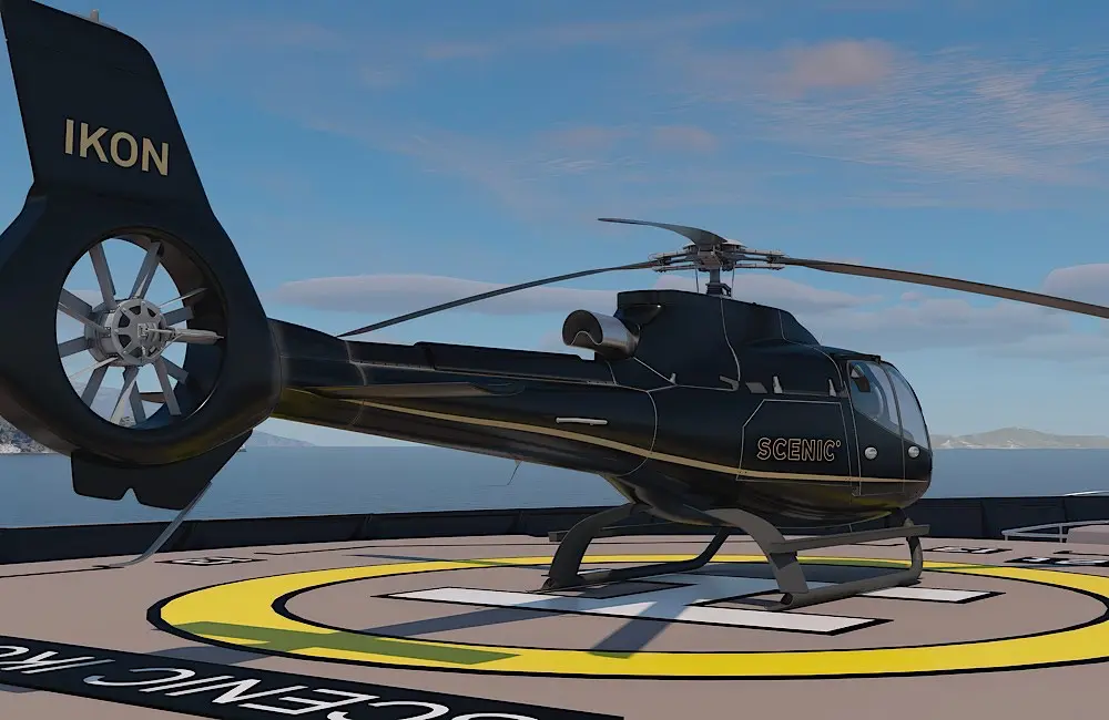 How can an ultra-luxury yacht be sold on value? A sneak peek at Scenic Ikon: helicopters, submersibles and a 1,700sqm spa included 3 Two Airbus H130-T2 helicopters will offer sightseeing and exclusive land experiences as part of Scenic’s Discovery program.