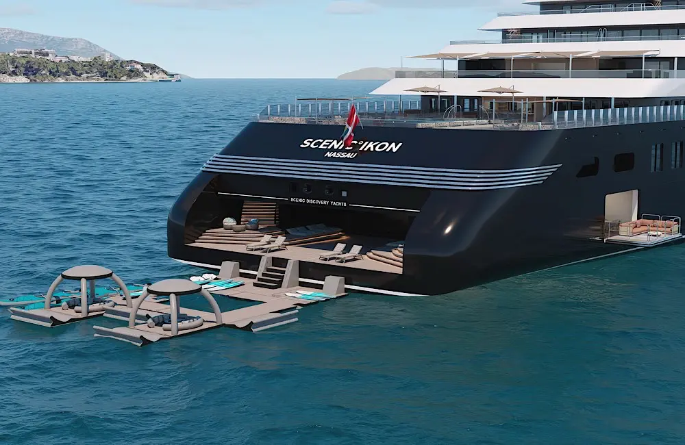 How can an ultra-luxury yacht be sold on value? A sneak peek at Scenic Ikon: helicopters, submersibles and a 1,700sqm spa included 7 Aft marina deck where guests can launch kayaks, Zodiacs and water toys directly from the ship.