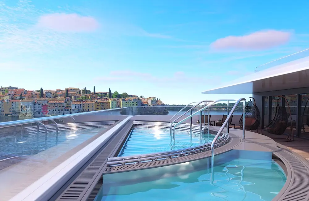 How can an ultra-luxury yacht be sold on value? A sneak peek at Scenic Ikon: helicopters, submersibles and a 1,700sqm spa included 6 The two-storey Senses Rejuvenation Spa spans 1,700sqm and features vitality pools overlooking the ocean.