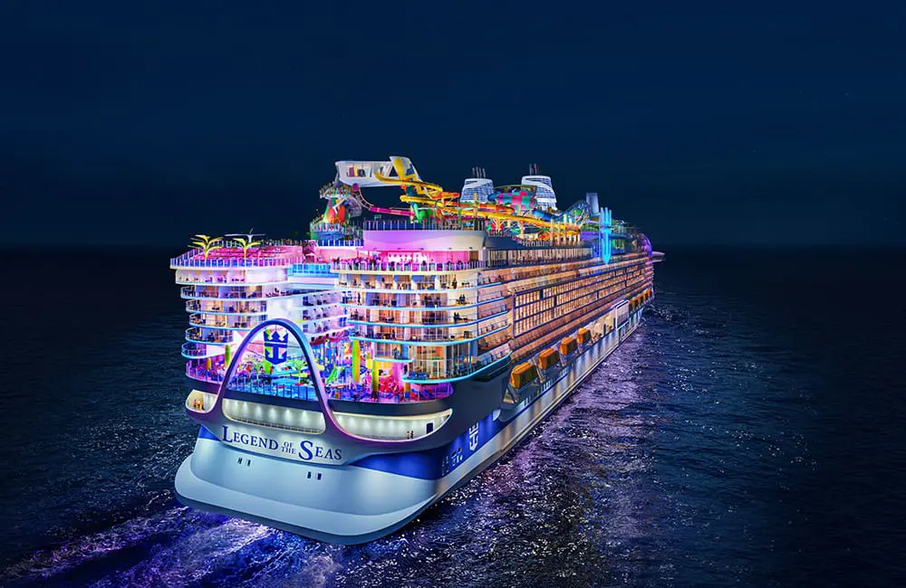 Royal Caribbean reveals more dining, entertainment & thrills for the 2026 debut of Legend of the Seas 3 CGI render of Legend of the Seas at night.