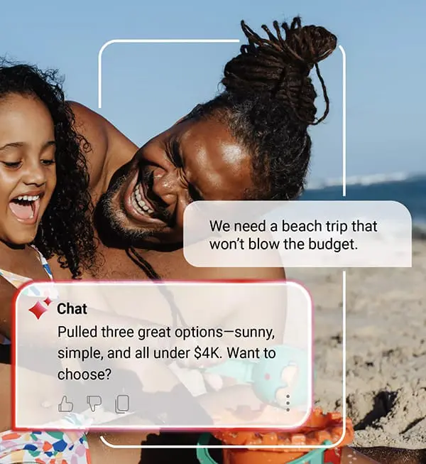 Chat is the new click: Sabre predicts AI chatbots will be the next travel influencers 2 AI chat examples on mobile.