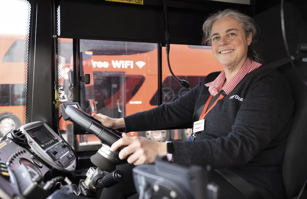 Melbourne’s iconic red SkyBus service rolls into Perth Airport, with one discernible difference