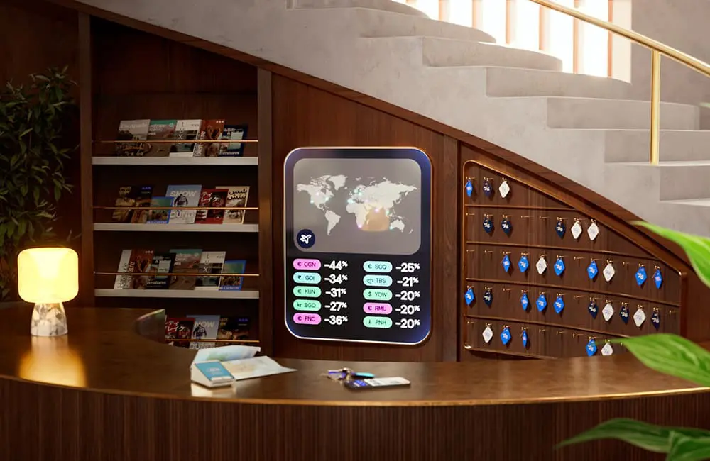 Need to know: The big shifts and global trends affecting how Aussies will travel in 2026 2 Exchange rate screen in hotel lobby