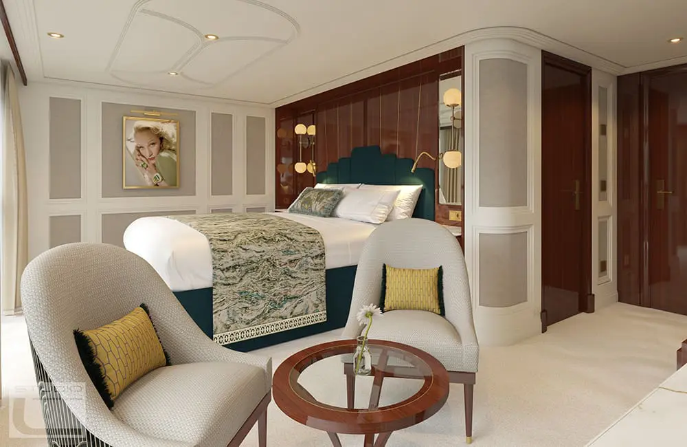 Uniworld unveils biggest collection yet with 4 brand-new luxury ships & 6 new cruises in 2027 1 Render of Moss Suite on S.S. Marlene.