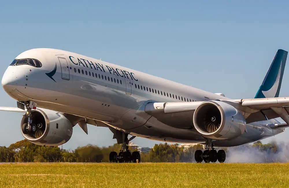 Cathay Pacific Airbus A350-900 aircraft touches down at Adelaide Airport.