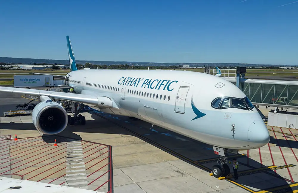 Cathay Pacific Airbus A350-900 aircraft at Adelaide Airport gate.