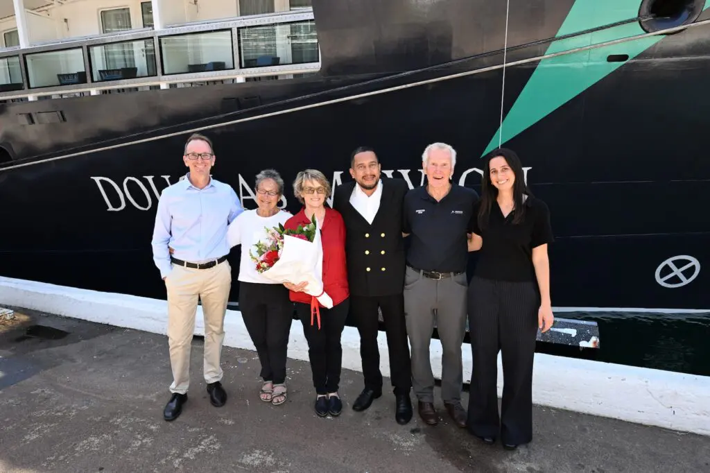 Aurora Michael Heath, Margaret Mortimer, Emma McEwin, Captain Jorge Ferdinez, Greg Mortimer and Sasha Buch