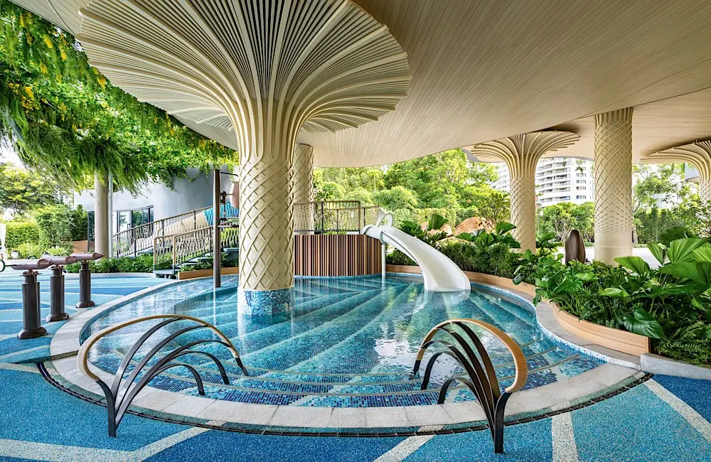The resort’s design draws from Jomtien’s native sugar palms and coastal textures.