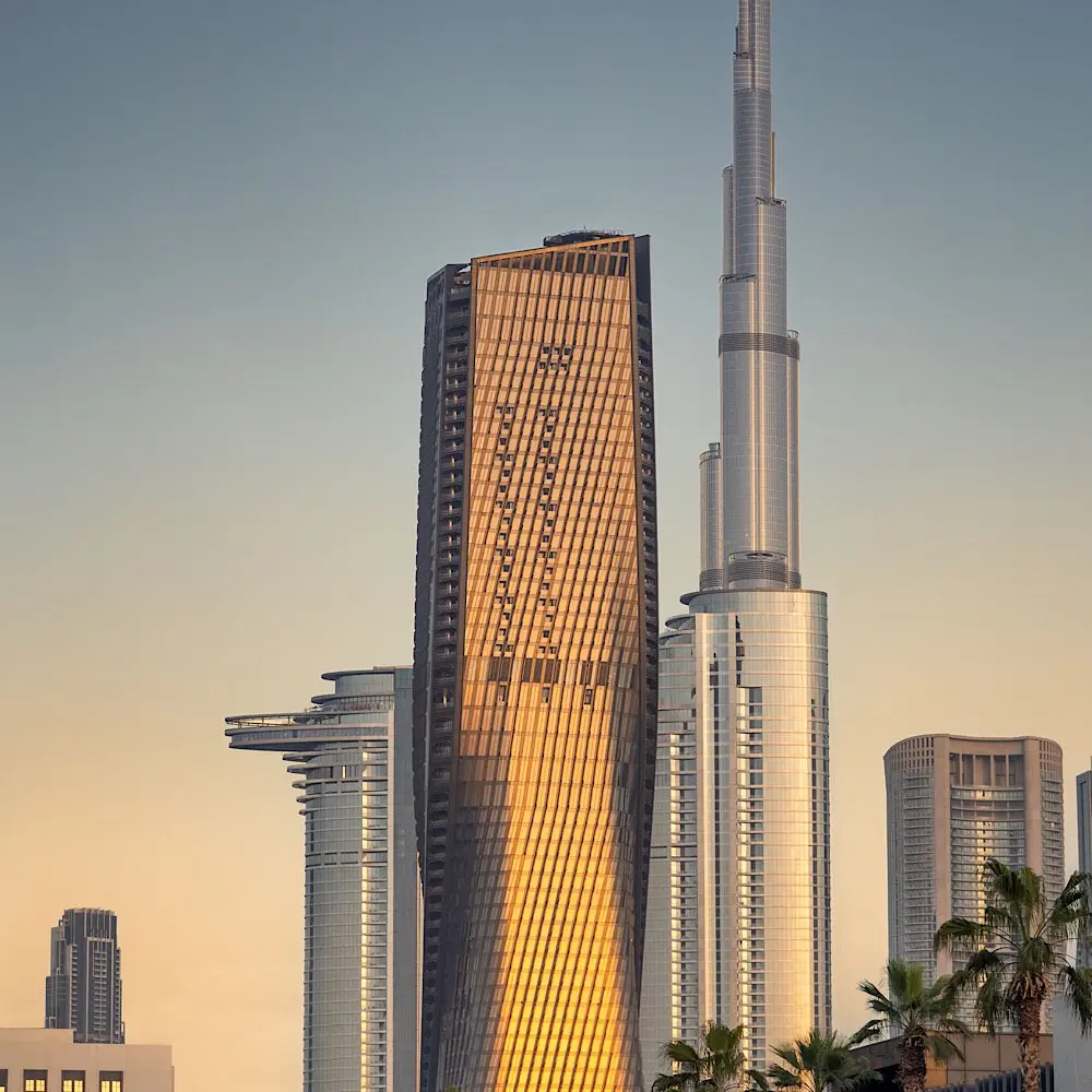 Wasl Tower, home to Mandarin Oriental Downtown, Dubai, rises beside the Burj Khalifa.