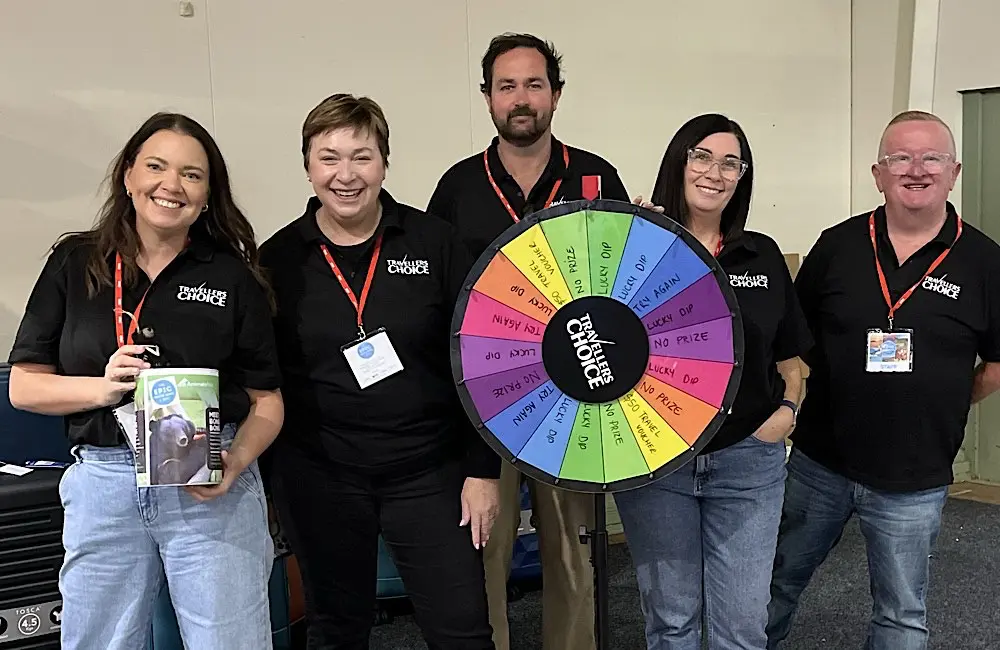 Travellers Choice members volunteered to run the chocolate wheel to raise funds for Bong Bong: (L-R) Michelle Barker (EMBARK travel, Newcastle), Caroline Sage (Panorama Cruise & Travel, Bathurst), Aaron Rogers (EMBARK travel), Zoe Eagleton (Riverland Travel, Maclean) and Andrew Minto (Home and Afar Travel, Newcastle).