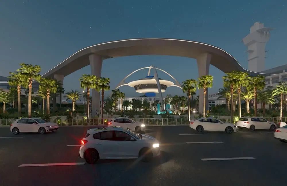 LAXmaxxing: How Los Angeles International Airport will offer travellers a more LA experience 2 Render of the LAX Theme Building with new lighting at night.