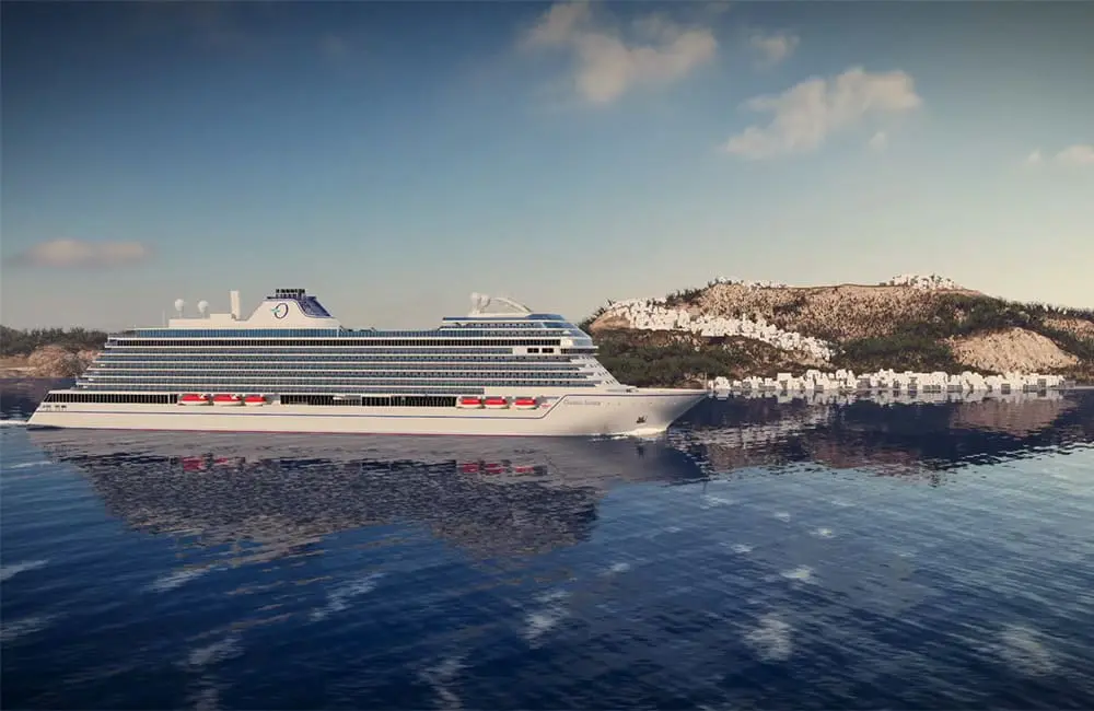 Render of the all-new Oceania Sonata cruise ship at sea.