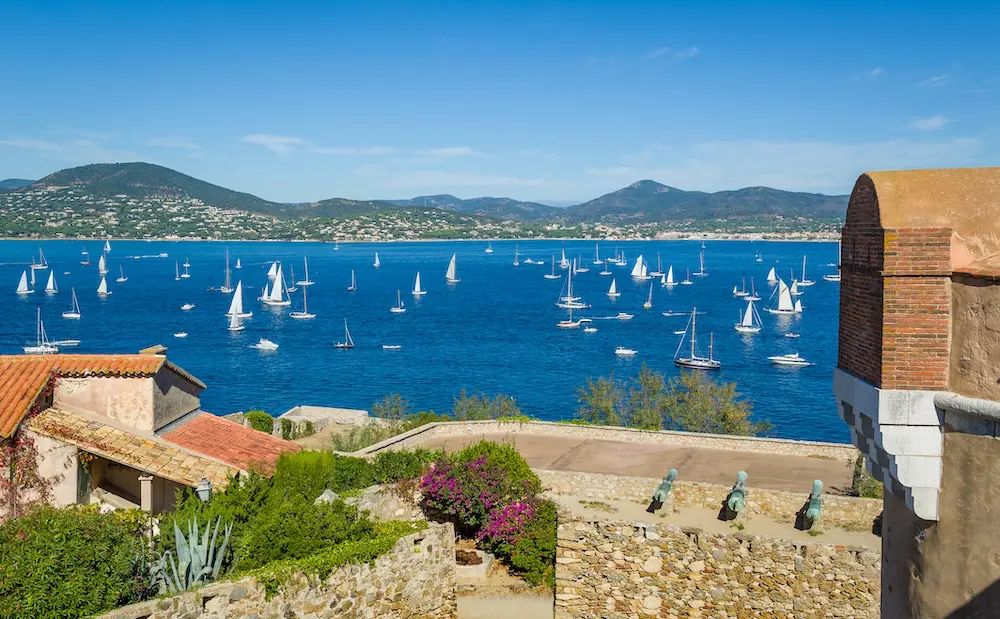 Maritime museum at old fort above the Saint-Tropez town and yacht anchorage view. Provence Cote d'Azur, France.
