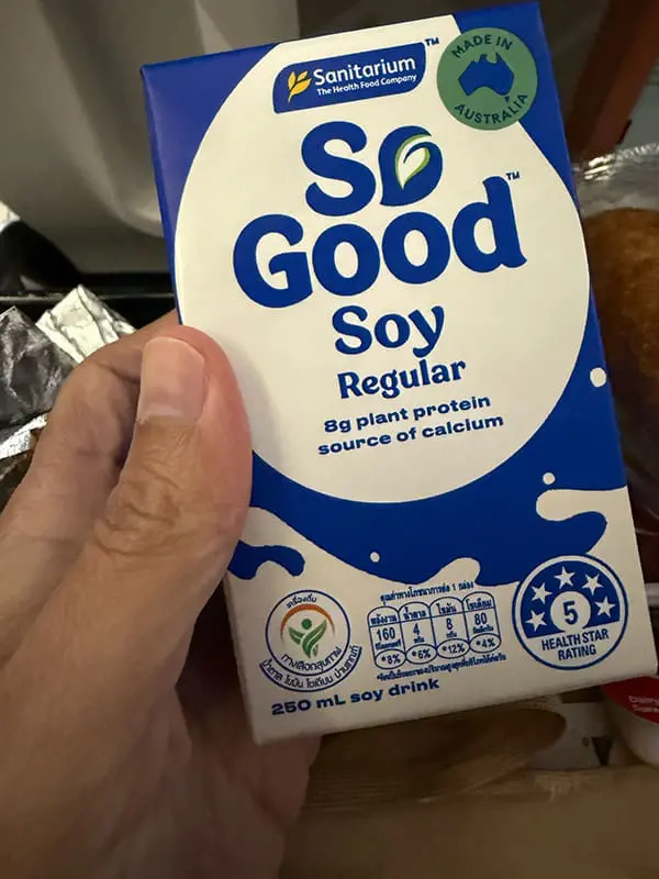 Close-up of So Good soy milk carton.