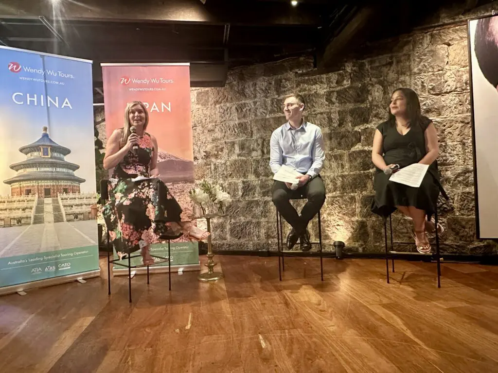 (l-r) Seven Communications MD Patrice Pandeleos, Wendy Wu Tours MD Australia Simon Bell and Wendy Wu Tours Head of Product, Australia Sonia Orrego.