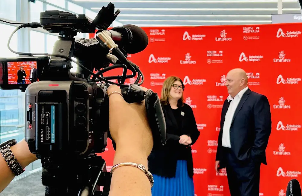SA Tourism Zoe Bettison and Emirates' Barry Brown at Adelaide Airport.