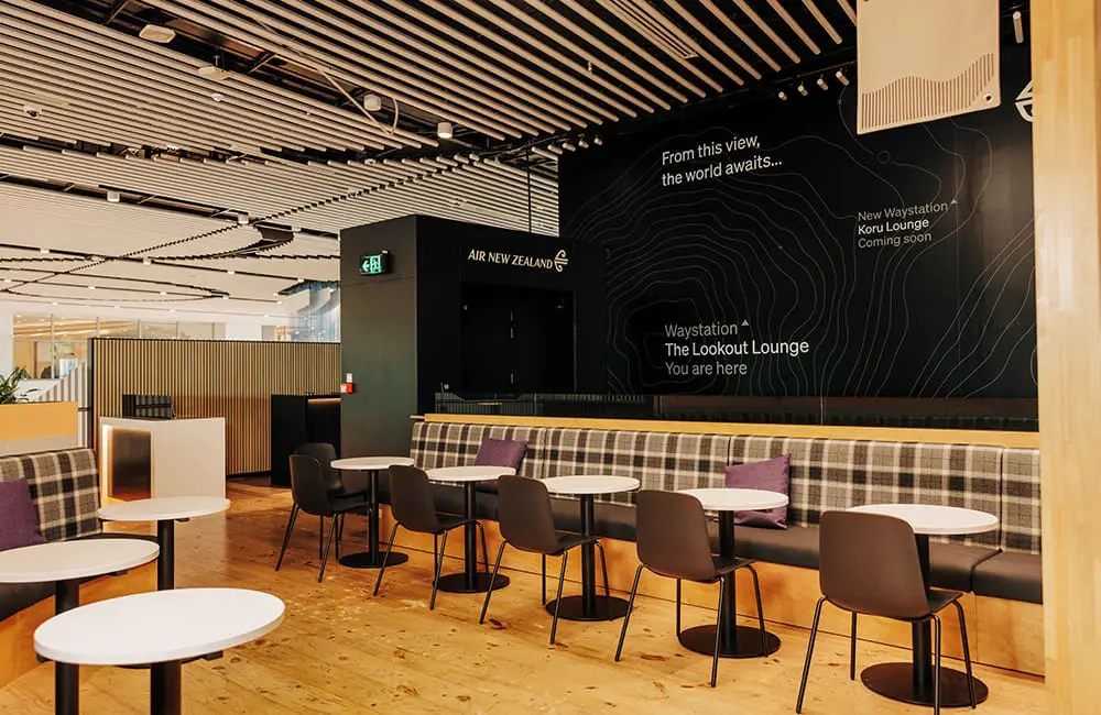 Air New Zealand opens new international lounge ahead of major Auckland lounge refresh in 2026 1 Air New Zealand's new The Lookout Lounge at Auckland International Airport seating.