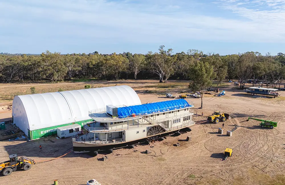 First look: Australia’s first 5-star overnight river vessel is almost ready for the Murray 1 Australian Star paddlesteamer getting ready for floatout