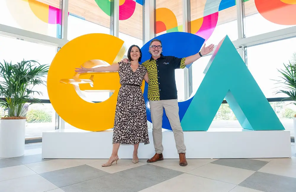 Going for the Goldie: Fiji Airways unveils nonstop Gold Coast-Fiji flights for 2026 1 Queensland Airports Limited CEO Amelia Evans & Fiji Airways MD & CEO Paul Scurrah at Gold Coast Airport sign.