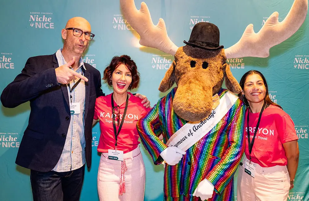 Karryon Founder Matt Leedham, General Manager Dani Tuffield (second from left) with Seymour the Moose at Niche is Nice 2025 in Brisbane.