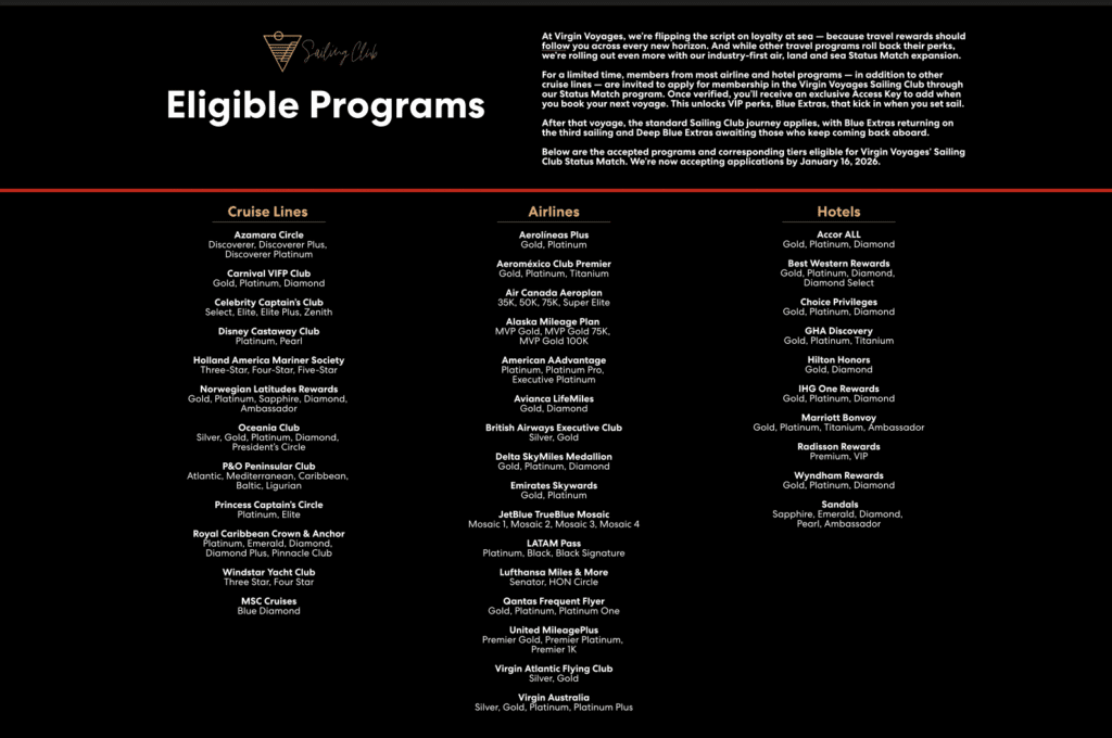 Virgin Voyages just launched a game-changing Status Match offer – are you eligible? 3 Eligible programs for the Virgin Voyage Status Match Loyalty Program.