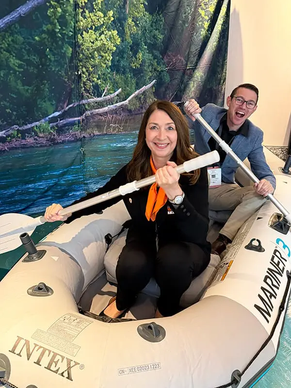 Exclusive: Travel South International Showcase 2025 brings the US South’s secret sauce to the global table 2 Melissah Missio and Chris Watson (Chris Watson Travel) in a raft at Travel South International Showcase. Image: Cassie Tannenberg