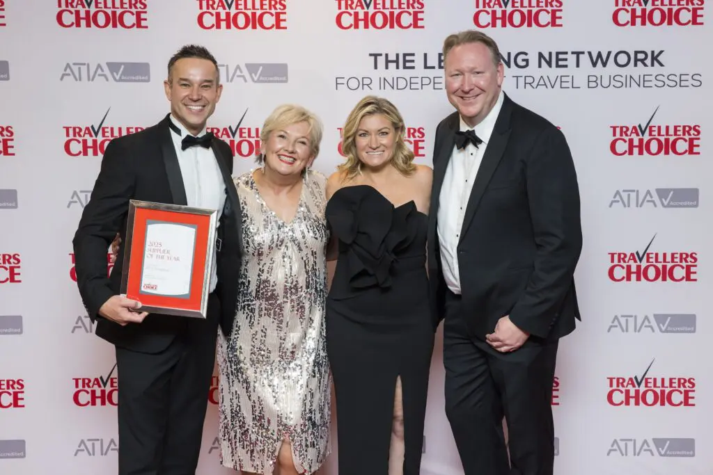 APT & Travelmarvel were awarded Supplier of the Year for the fourth time: (L-R) Scott Ellis, Sandy Allan and Jenni Carey, with Travellers Choice Managing Director Christian Hunter 

