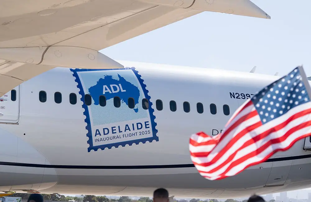 Touchdown! First-ever direct Adelaide-USA flights take off with United Airlines 1 United's Dreamliner aircraft sported a special postage stamp for the historic SFO-ADL flight.