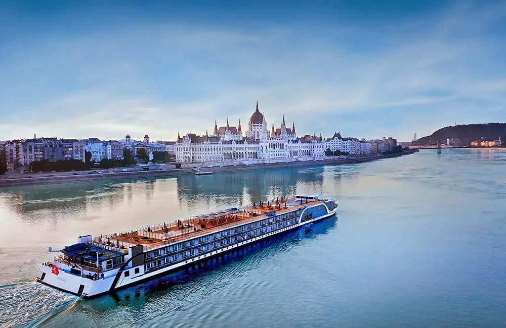 The flagship AmaMagna on a river in Europe.