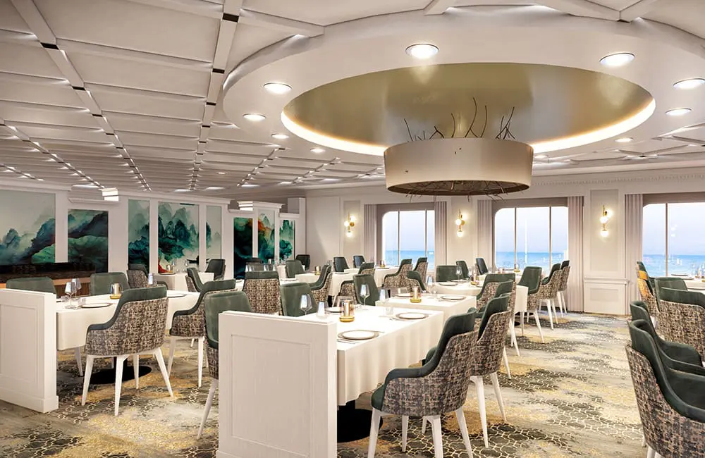 Render of Discoveries Restaurant with new decor, enhanced lighting and updated furnishings. Azamara Forward enhancement program