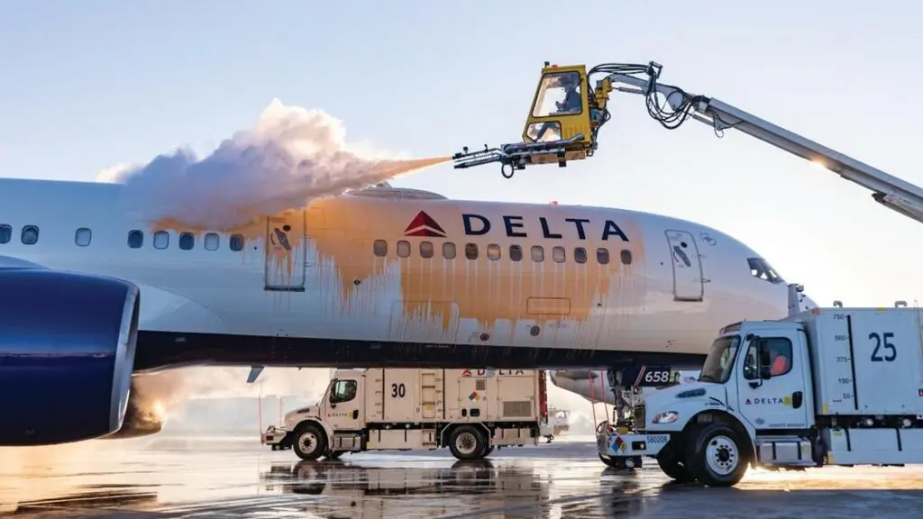 Delta Air Lines de-icing an aircraft.