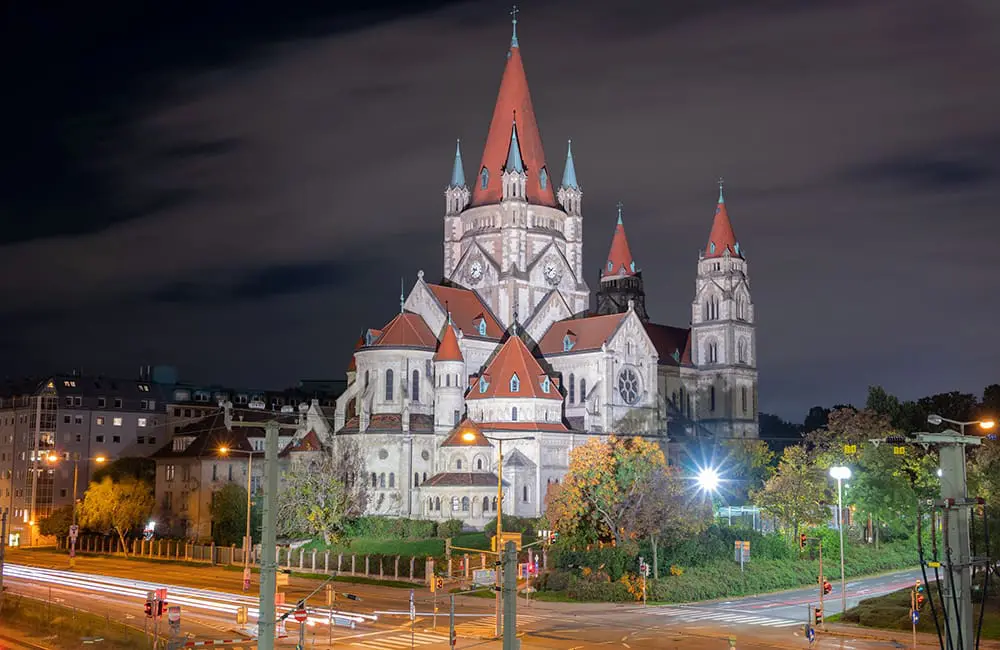 St Francis of Assisi Church in Vienna at night. Image: Shutterstock